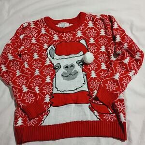 Ugly Christmas Sweater Med LAMA Santa PomPom Red Christmas Trees Snowflakes POOF